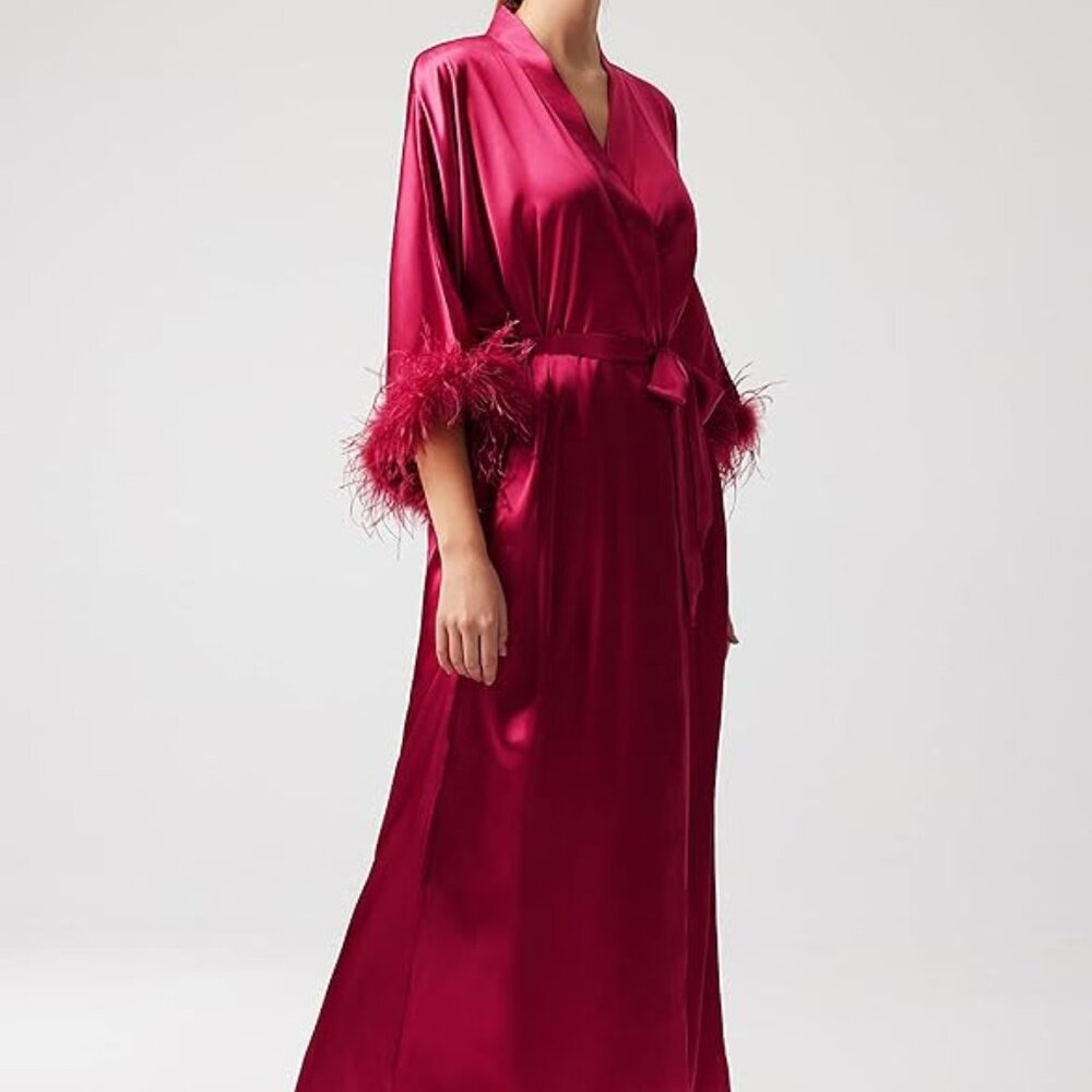 PRODESIGN Satin Kimono Robe Long Silky Bath Robe with Ostrich Feather Trim Sleep